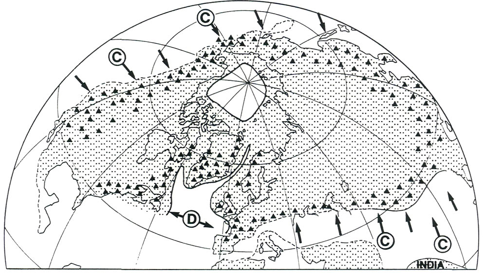 Figure 7. Possible distribution of 
uplands about 55 million years ago.