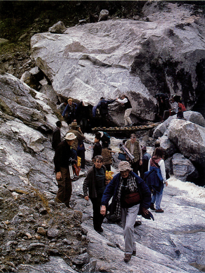 Sikkim 2000 Group make it across a
log bridge in North Sikkim. 