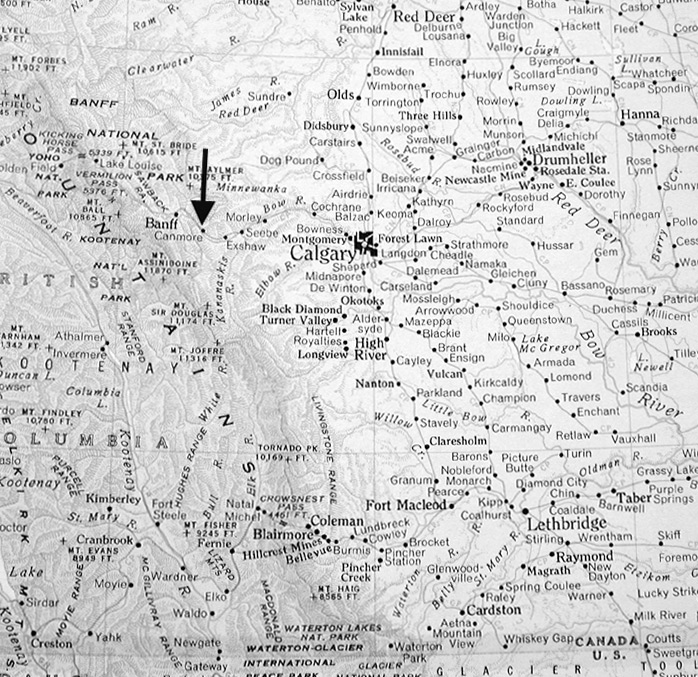 Map showing location of Canmore, Alberta